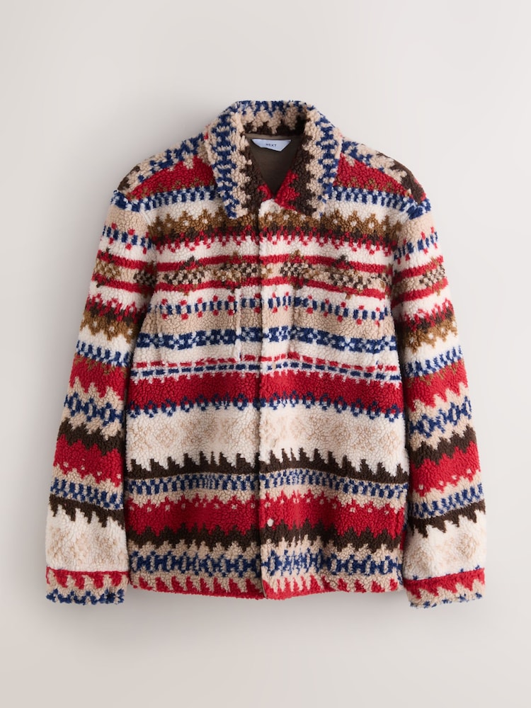 Neutral Ecru/Red Fairisle Printed Fleece Popper Shacket - Image 1 of 4