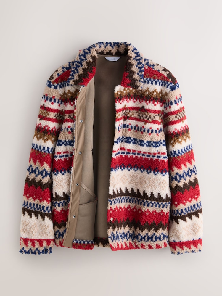 Neutral Ecru/Red Fairisle Printed Fleece Popper Shacket - Image 2 of 4