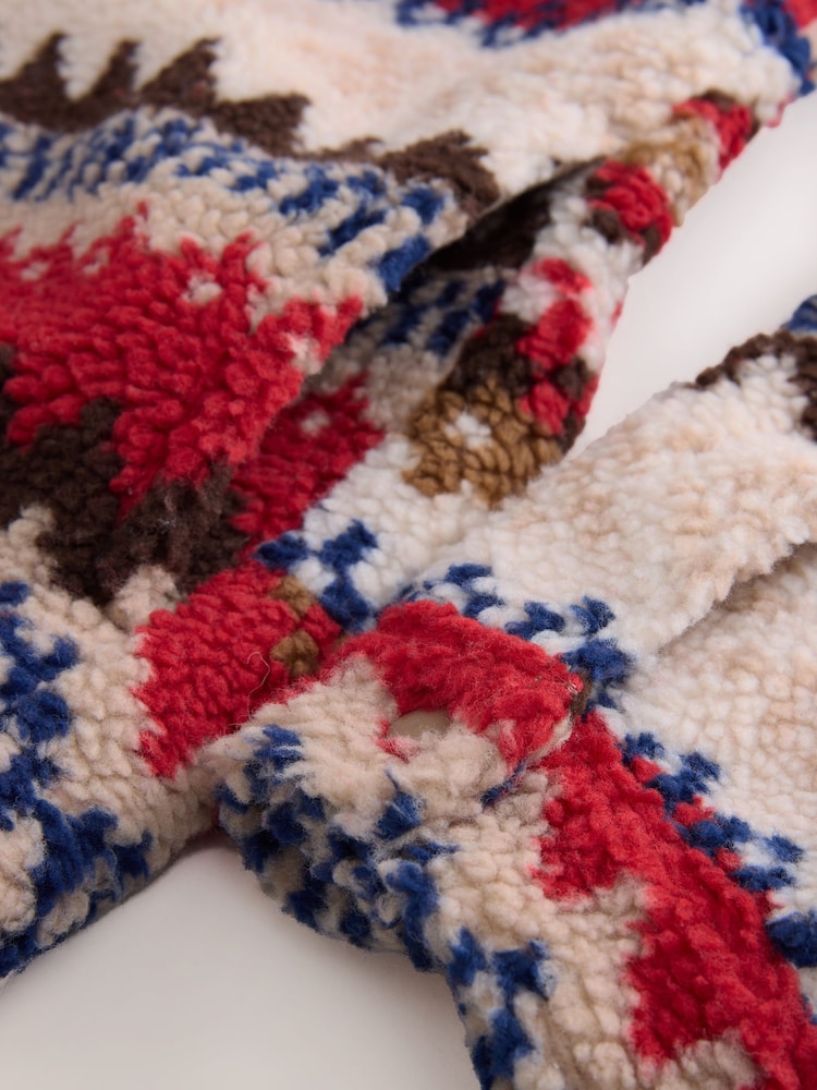 Neutral Ecru/Red Fairisle Printed Fleece Popper Shacket - Image 4 of 4