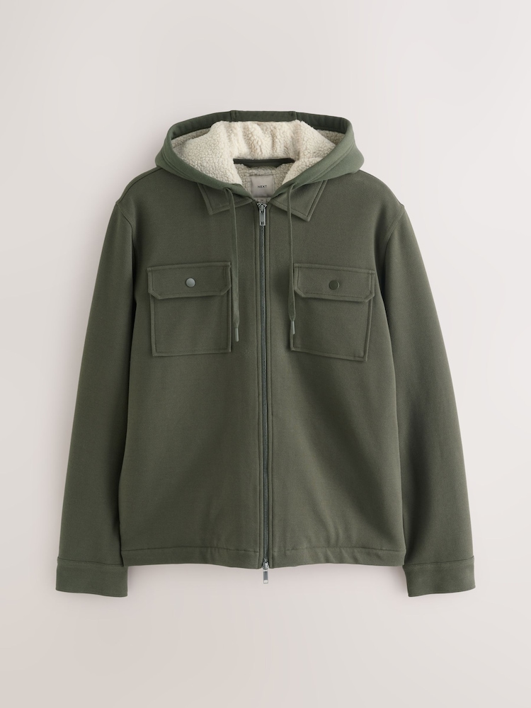 Khaki Green Hooded Borg Fleece Lined Shacket - Image 1 of 4