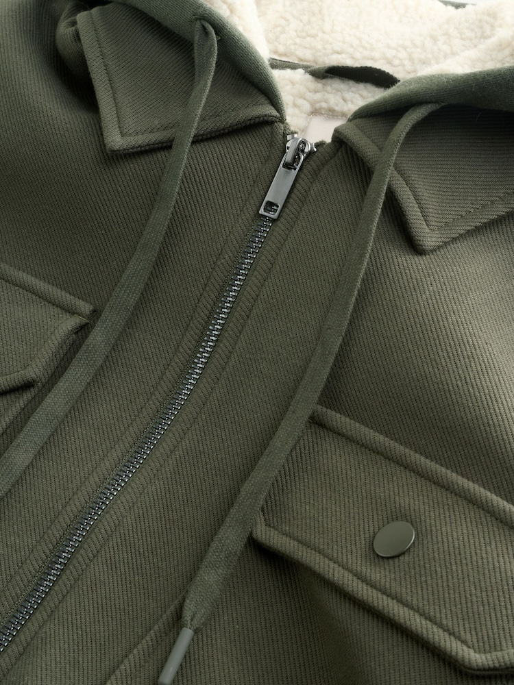 Khaki Green Hooded Borg Fleece Lined Shacket - Image 2 of 4