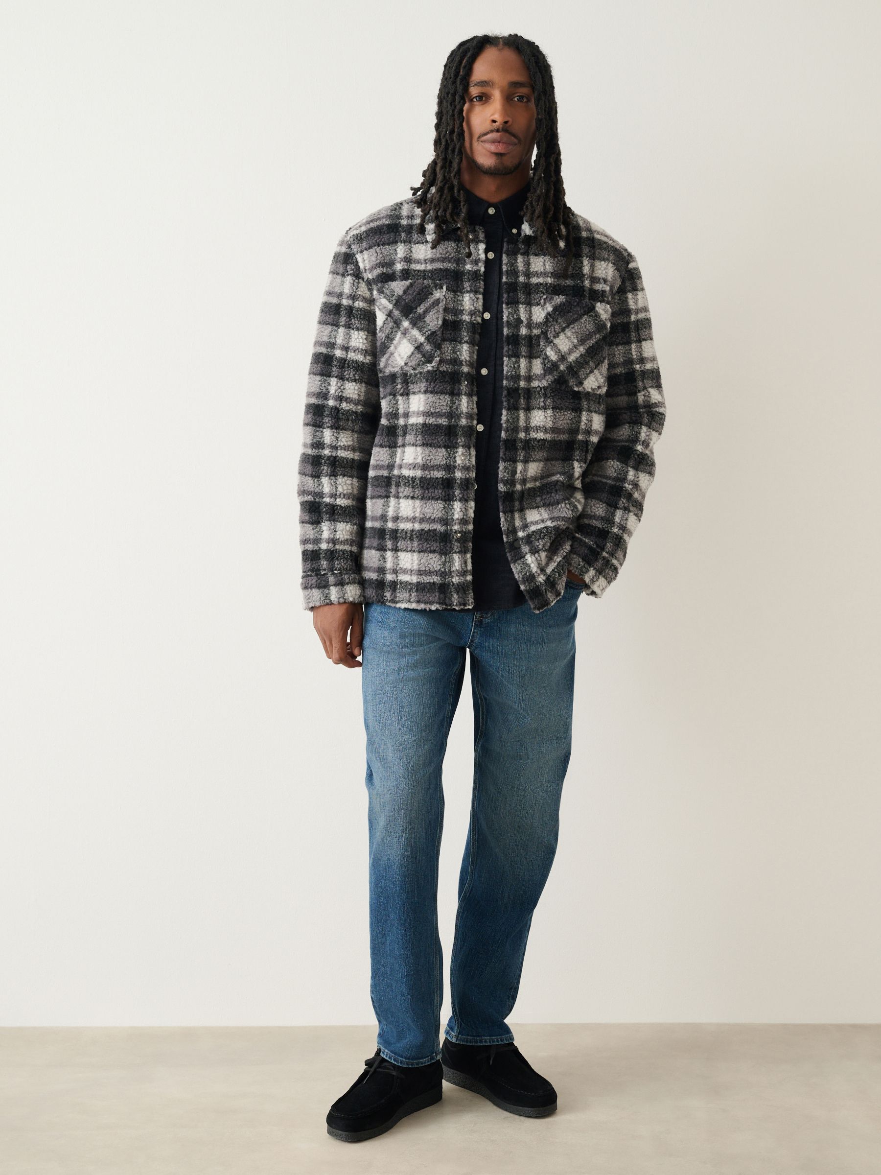 Buy Black/Grey Black/White Check Printed Fleece Popper Shacket
