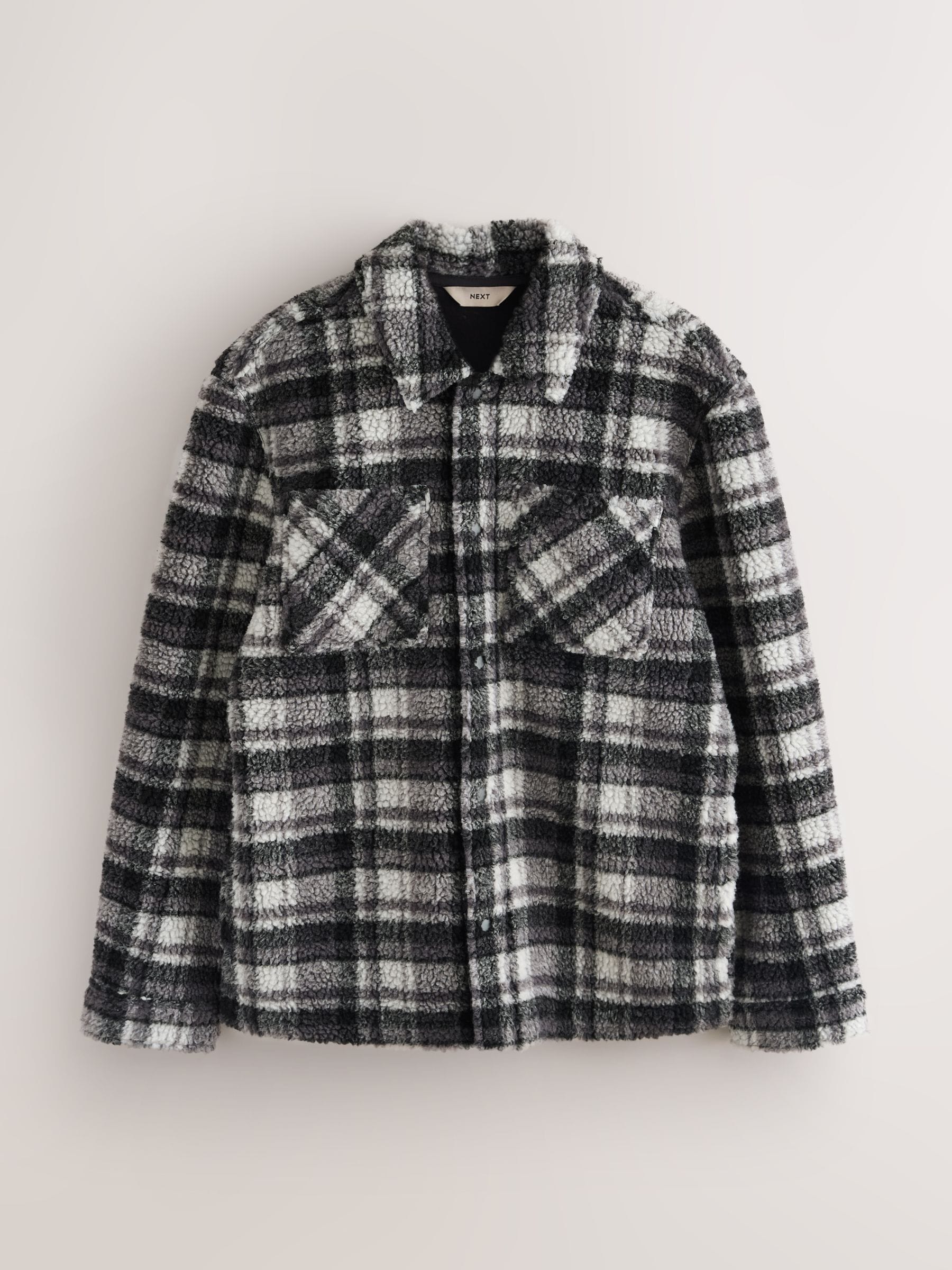 Buy Black/Grey Black/White Check Printed Fleece Popper Shacket