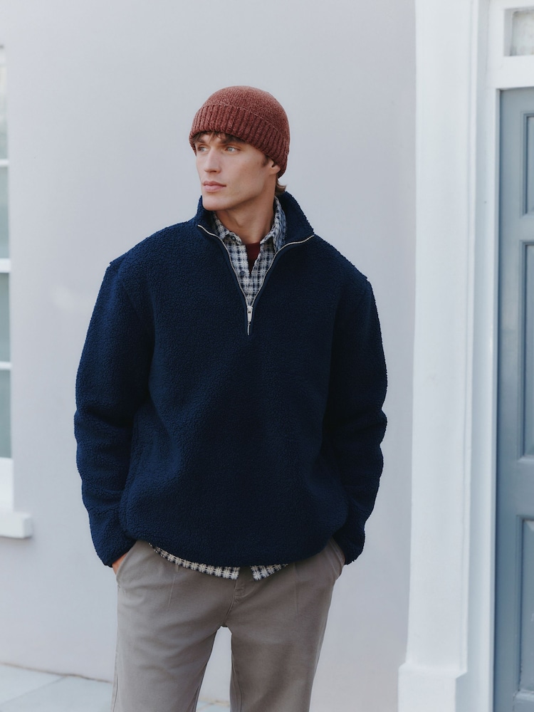 Navy Blue Borg Quarter Zip Neck Funnel Fleece - Image 1 of 8