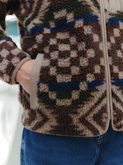 Brown/Tan Geometric Zip Through Full Zip Printed Fleece - Image 7 of 12