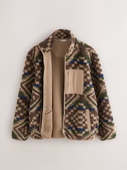 Brown/Tan Geometric Zip Through Full Zip Printed Fleece - Image 9 of 12
