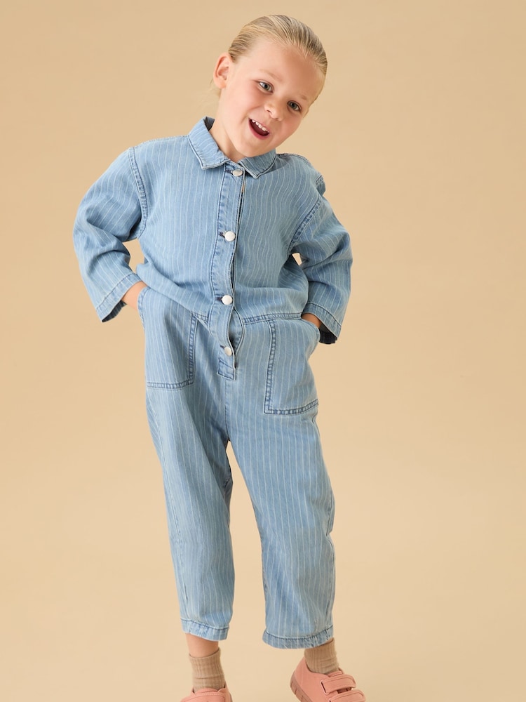 KIDLY BY MORI Blue Denim Pinstripe Jumpsuit - Image 1 of 5 KIDLY BY MORI Blue Denim Pinstripe Jumpsuit - Image 1 of 5