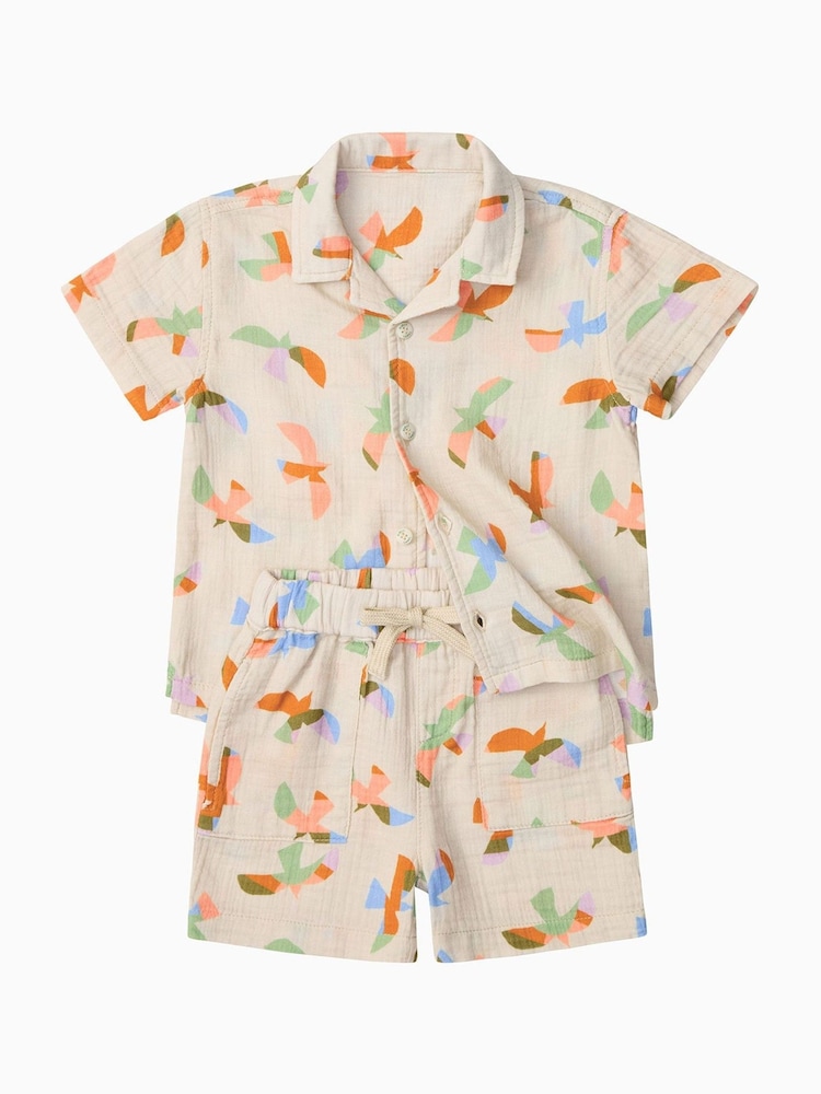 KIDLY BY MORI Cream Bird Print  Cotton Muslin Dress - Image 1 of 3