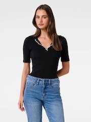 Forever New Black Nila Short Sleeves Scallop Polo T-Shirt - Image 1 of 5