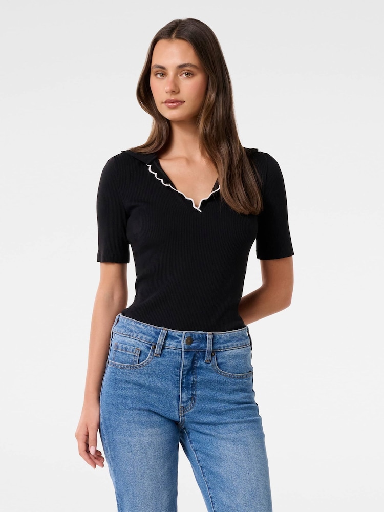 Forever New Black Nila Short Sleeves Scallop Polo T-Shirt - Image 1 of 5