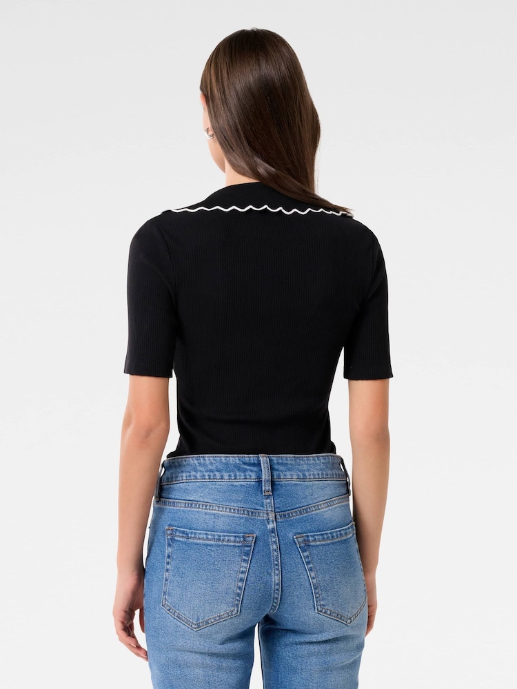 Forever New Black Nila Short Sleeves Scallop Polo T-Shirt - Image 2 of 5