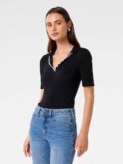 Forever New Black Nila Short Sleeves Scallop Polo T-Shirt - Image 4 of 5