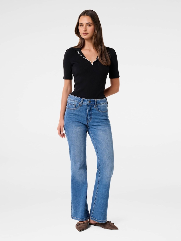 Forever New Black Nila Short Sleeves Scallop Polo T-Shirt - Image 5 of 5