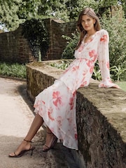 Forever New Pink Kya Long Sleeves Frill Midi Dress - Image 1 of 4