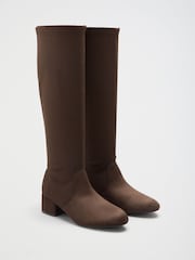 Friends Like These Chocolate Brown Standard fit Low Block Heel Stretch Long Knee High Sock Boots - Image 5 of 9