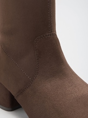 Friends Like These Chocolate Brown Standard fit Low Block Heel Stretch Long Knee High Sock Boots - Image 9 of 9
