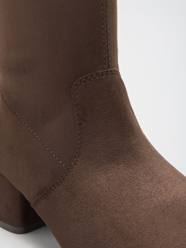 Friends Like These Chocolate Brown Standard fit Low Block Heel Stretch Long Knee High Sock Boots - Image 9 of 9 Friends Like These Chocolate Brown Standard fit Low Block Heel Stretch Long Knee High Sock Boots - Image 9 of 9