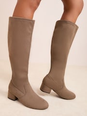 Friends Like These Taupe Standard fit Low Block Heel Faux Suede Knee High Sock Boots - Image 1 of 4