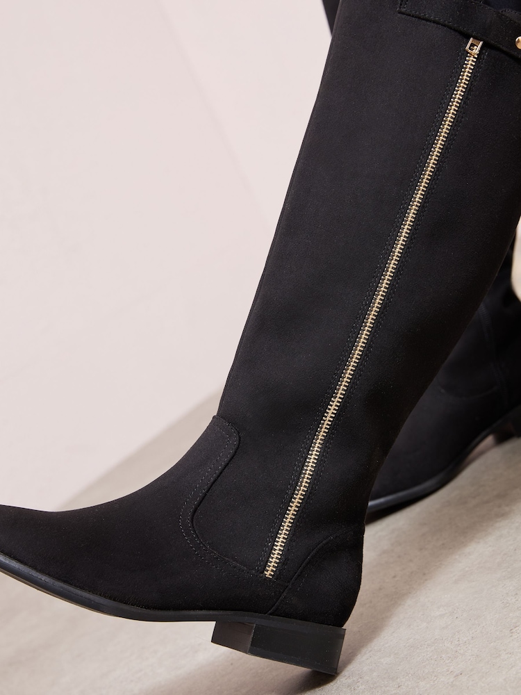 Friends Like These Black Wide Fit Flat Zip Faux Suede Long Casual Boots - Image 2 of 4 Friends Like These Black Wide Fit Flat Zip Faux Suede Long Casual Boots - Image 2 of 4