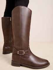 Friends Like These Chocolate Brown Knee High Buckle Rider Faux Leather Boots - Image 1 of 4
