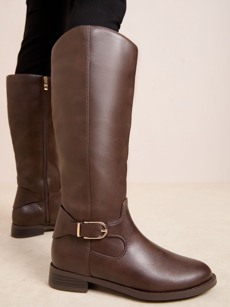 Friends Like These Chocolate Brown Knee High Buckle Rider Faux Leather Boots - Image 1 of 4