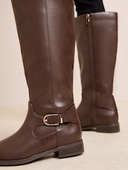 Friends Like These Chocolate Brown Knee High Buckle Rider Faux Leather Boots - Image 3 of 4