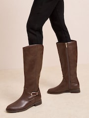 Friends Like These Chocolate Brown Knee High Buckle Rider Faux Leather Boots - Image 4 of 4