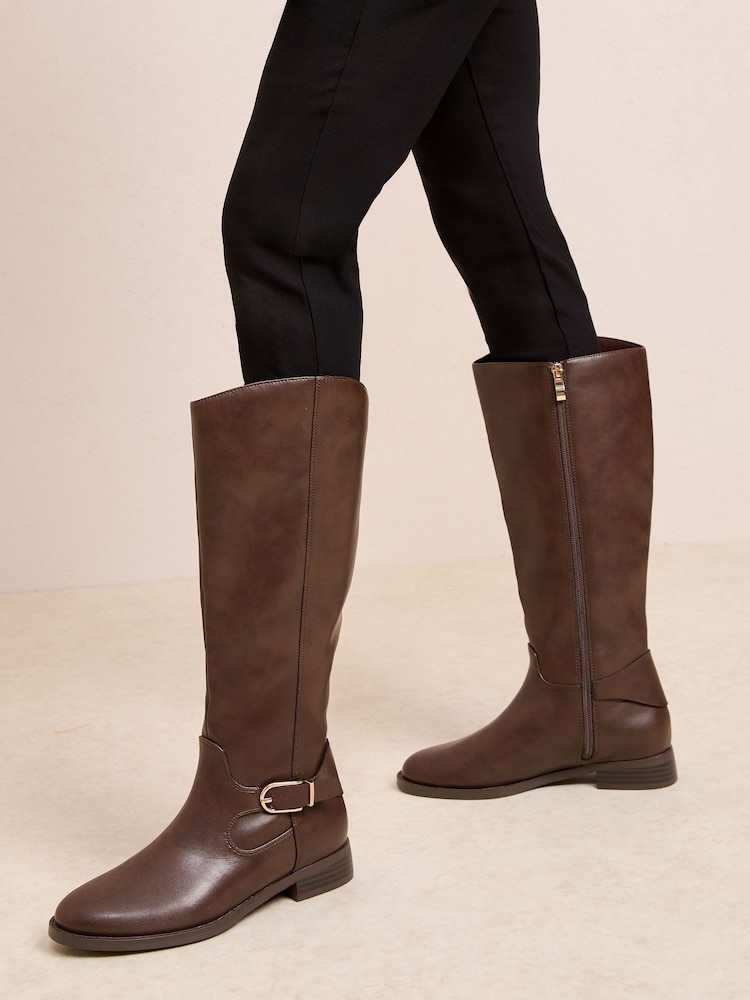 Friends Like These Chocolate Brown Knee High Buckle Rider Faux Leather Boots - Image 4 of 4