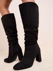 Friends Like These Black Wide Fit Ruched Block Heel Long Faux Suede Boots - Image 1 of 4