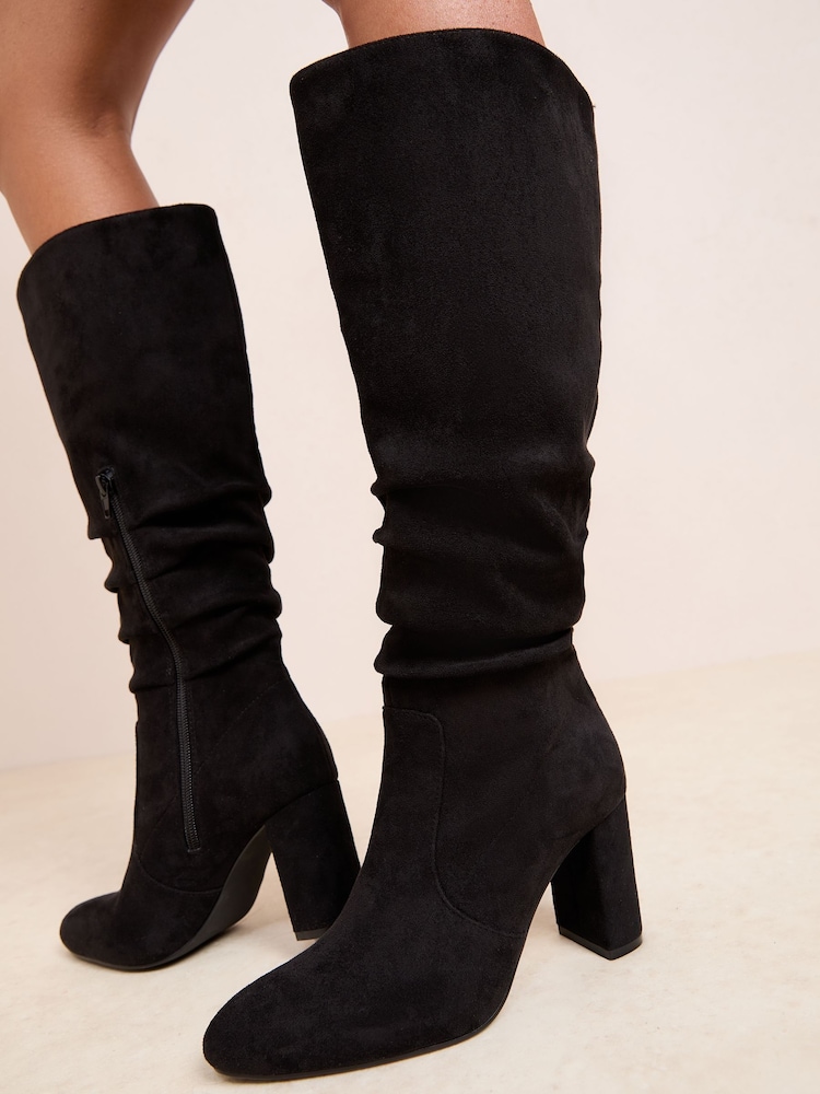 Friends Like These Black Wide Fit Ruched Block Heel Long Faux Suede Boots - Image 1 of 4