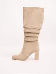Friends Like These Camel Standard fit Ruched Block Heel Long Faux Suede Boots - Image 5 of 5