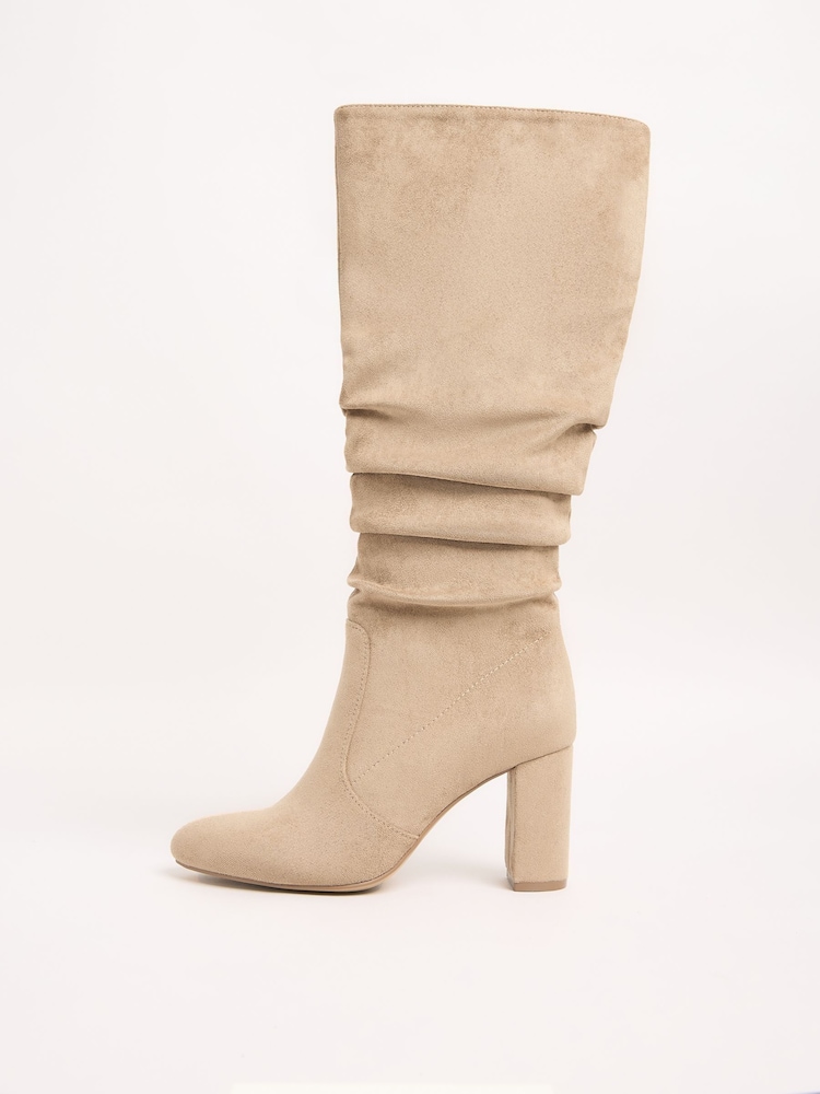 Friends Like These Camel Standard fit Ruched Block Heel Long Faux Suede Boots - Image 5 of 5