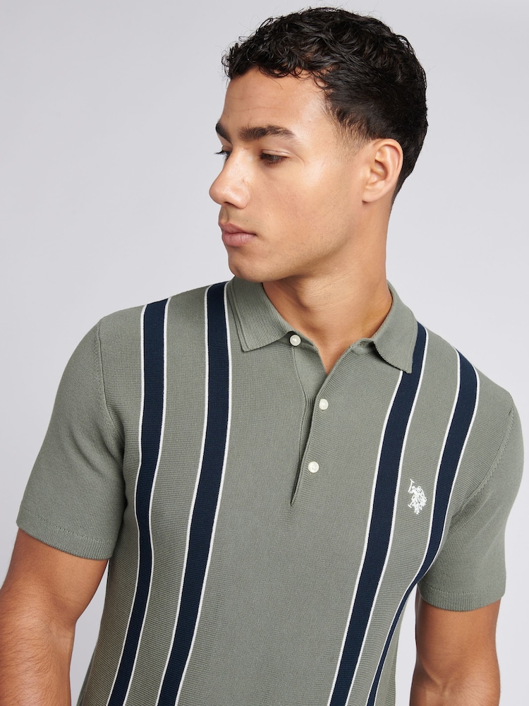 U.S. Polo Assn Green Mens Vertical Stripe Knit Polo Shirt - Image 2 of 4
