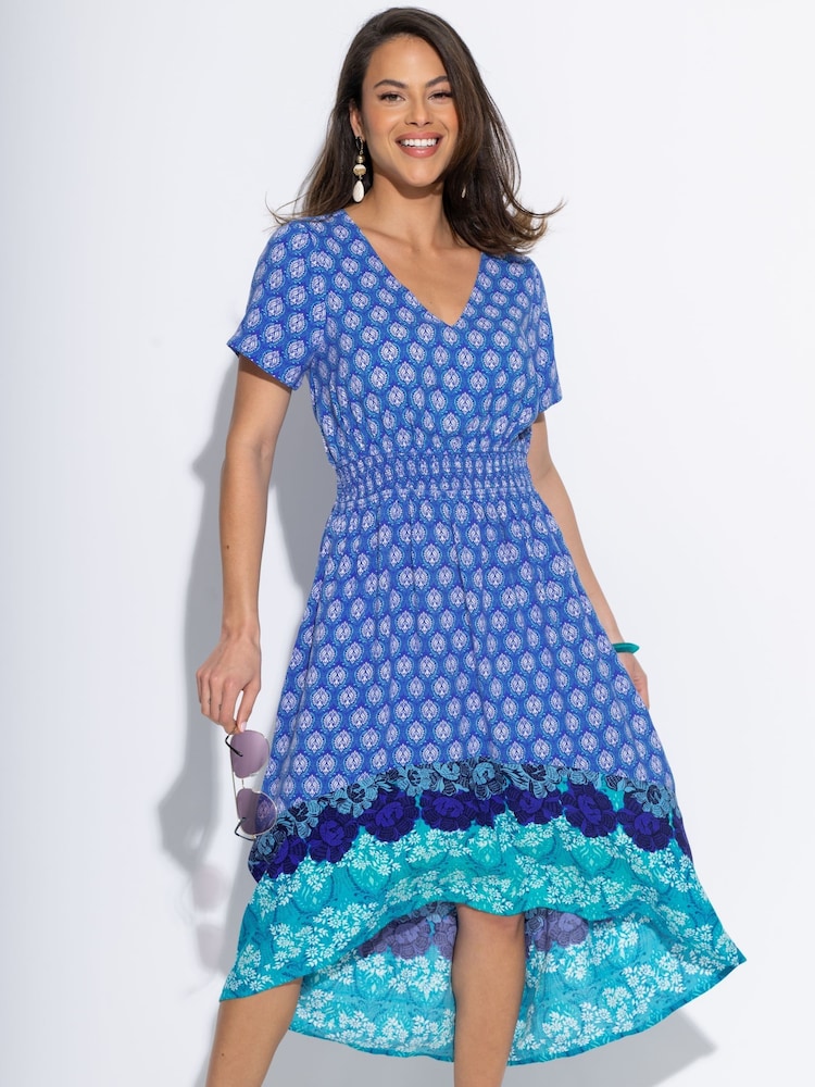 Pour Moi Blue Border Print High Low Midaxi Beach Dress - Image 2 of 4 Pour Moi Blue Border Print High Low Midaxi Beach Dress - Image 2 of 4