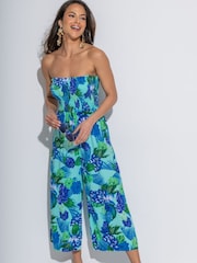 Pour Moi Blue Floral Strapless Shirred Bodice Crop Leg Beach Jumpsuit - Image 2 of 4