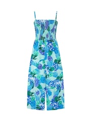 Pour Moi Blue Floral Strapless Shirred Bodice Crop Leg Beach Jumpsuit - Image 3 of 4