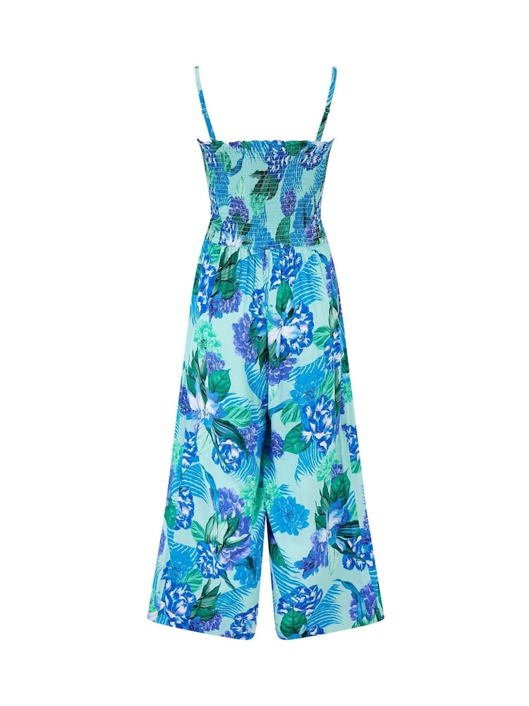 Pour Moi Blue Floral Strapless Shirred Bodice Crop Leg Beach Jumpsuit - Image 4 of 4