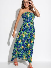 Pour Moi Blue Dark Strapless Shirred Bodice Woven Maxi Beach Dress - Image 1 of 4