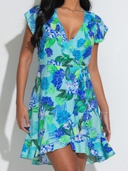Pour Moi Blue Chrome Frill Wrap Woven Beach Dress - Image 2 of 4