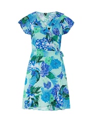 Pour Moi Blue Chrome Frill Wrap Woven Beach Dress - Image 3 of 4