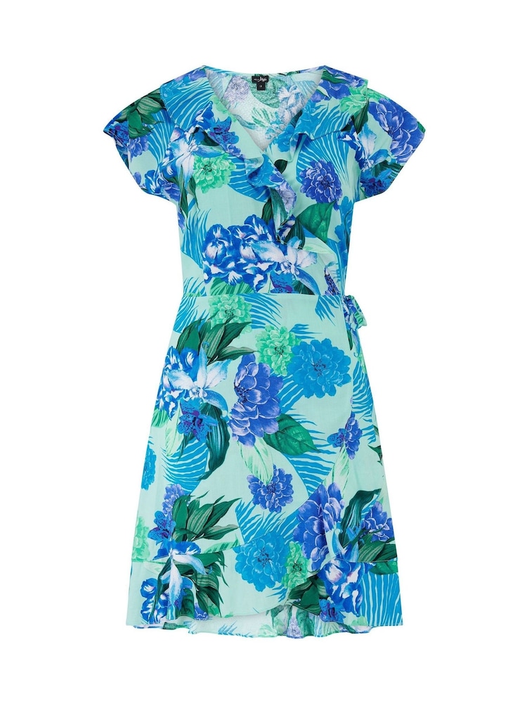 Pour Moi Aqua Tropical Frill Wrap Woven Beach Dress - Image 3 of 4
