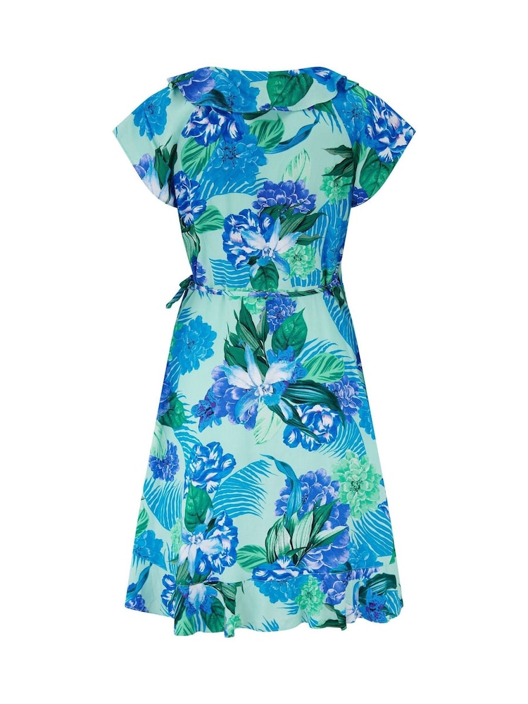 Pour Moi Blue Chrome Frill Wrap Woven Beach Dress - Image 4 of 4