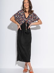 Pour Moi Black V-Neck Print Mix Midaxi Kaftan - Image 1 of 4