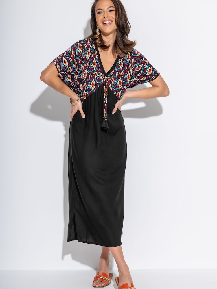 Pour Moi Black V-Neck Print Mix Midaxi Kaftan - Image 1 of 4