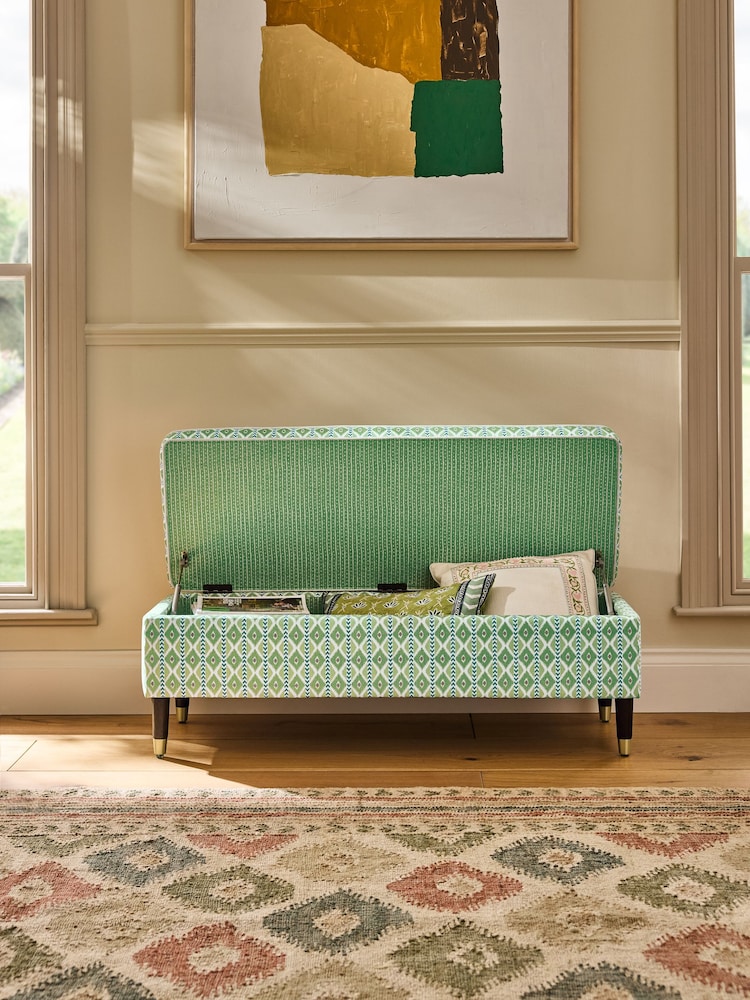 Nina Campbell Green Ikat Diamonds Rosebury Storage Ottoman Bench - Image 2 of 8