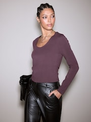 Chocolate Brown Scoop Neck Long Sleeve Top - Image 1 of 8