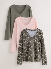 Khaki Green Animal Long Sleeve Modal V-Neck T-Shirts 3 Pack - Image 1 of 11
