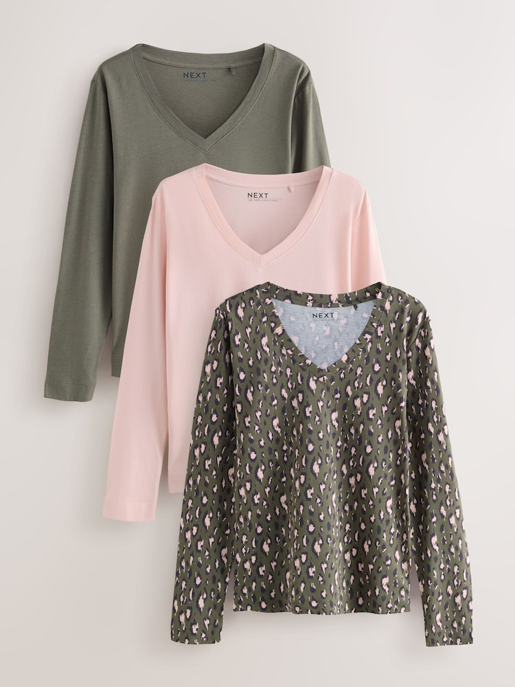 Khaki Green Animal Long Sleeve Modal V-Neck T-Shirts 3 Pack - Image 1 of 11 Khaki Green Animal Long Sleeve Modal V-Neck T-Shirts 3 Pack - Image 1 of 11