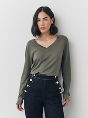Khaki Green Animal Long Sleeve Modal V-Neck T-Shirts 3 Pack - Image 4 of 11