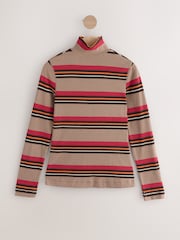 Mocha Brown Stripe Rib Roll Neck Long Sleeve Top - Image 1 of 3